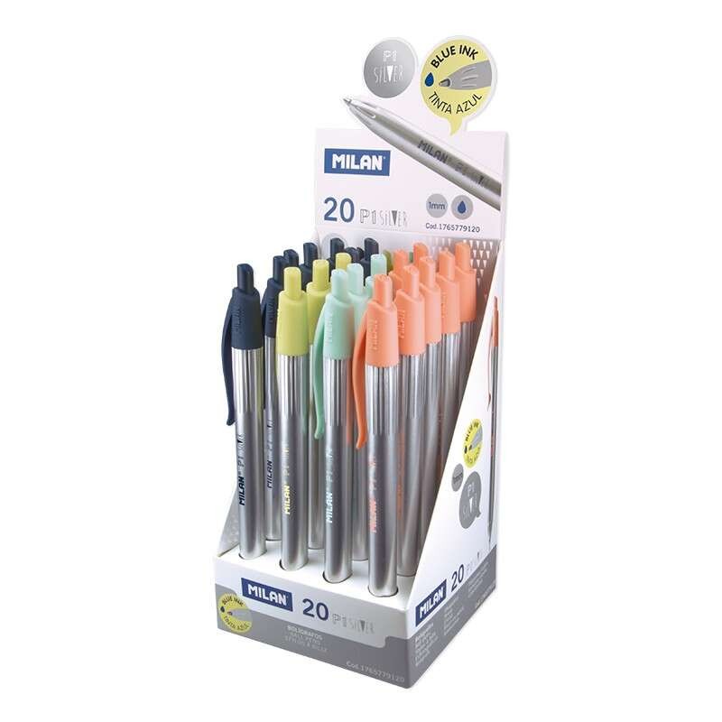 Milan P1 Silver Display da 20 penne a sfera retraibili - Punta tonda 1mm - Corpo argento con clip in colori assortiti - 