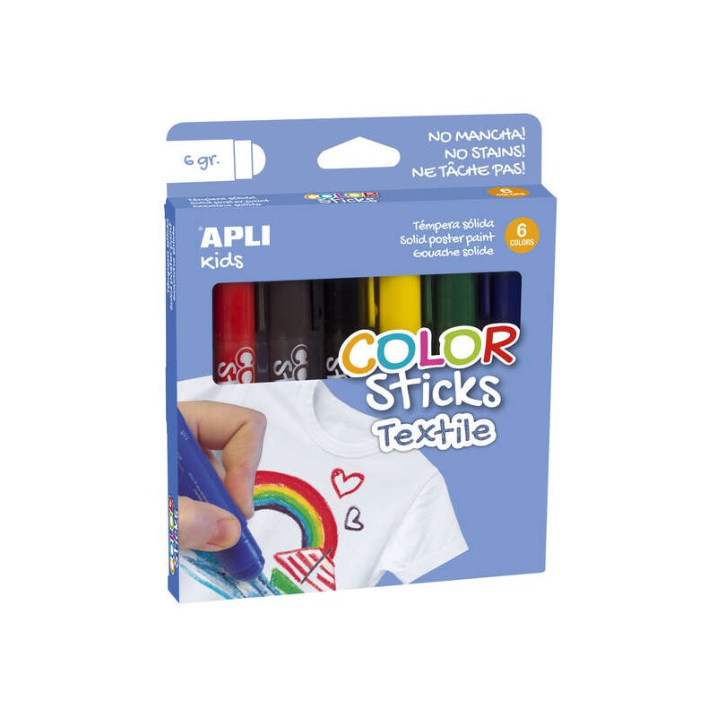 Apli Textile Colour Sticks 6 Confezione da 6 Tempere solide 6g per uso tessile - Asciugano all'aria in 12 ore - Senza so