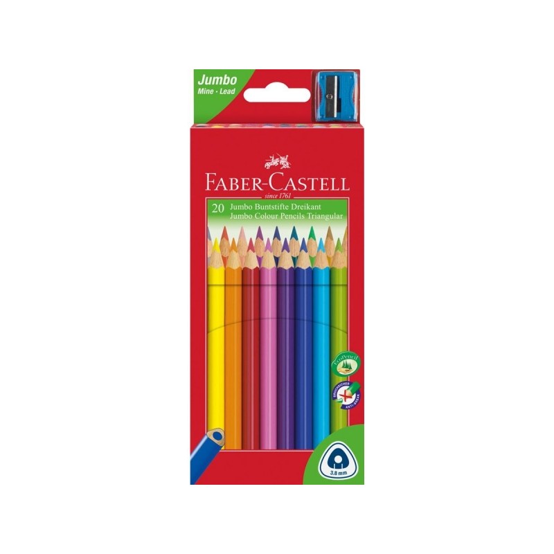 Faber-Castell Jumbo Junior Confezione da 20 matite colorate triangolari + temperamatite - mina infrangibile - lavabile -