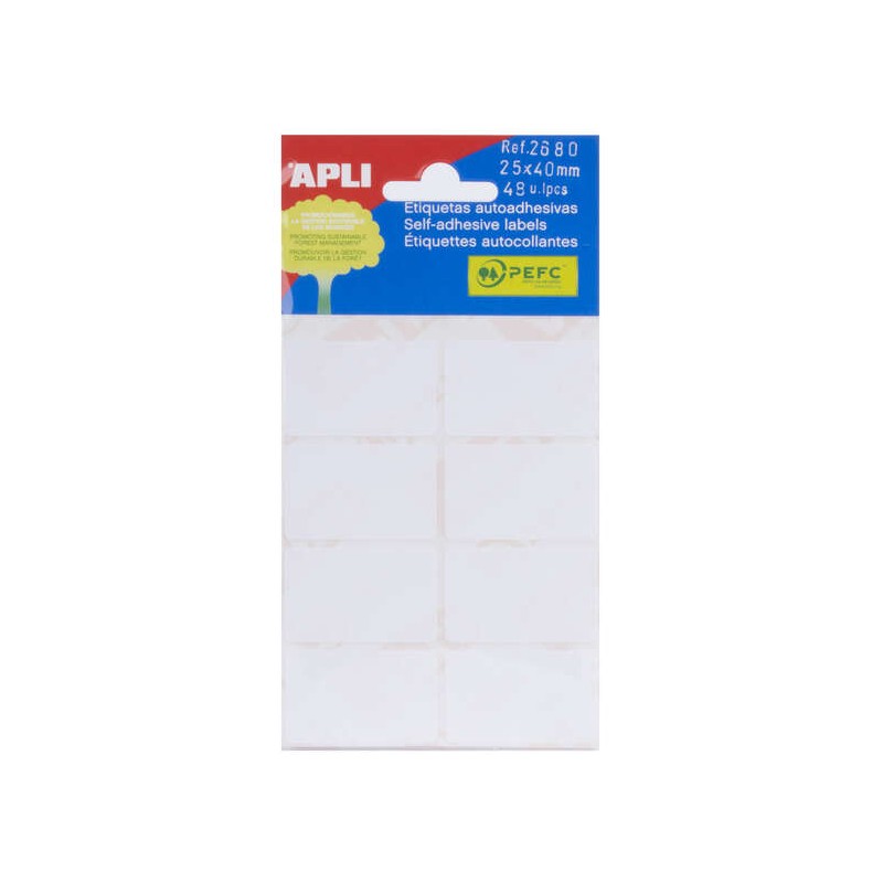 Apli Confezione da 48 etichette rettangolari 25x40 mm - 6 fogli per 8 etichette - Adesivo permanente - Bordi smussati - 
