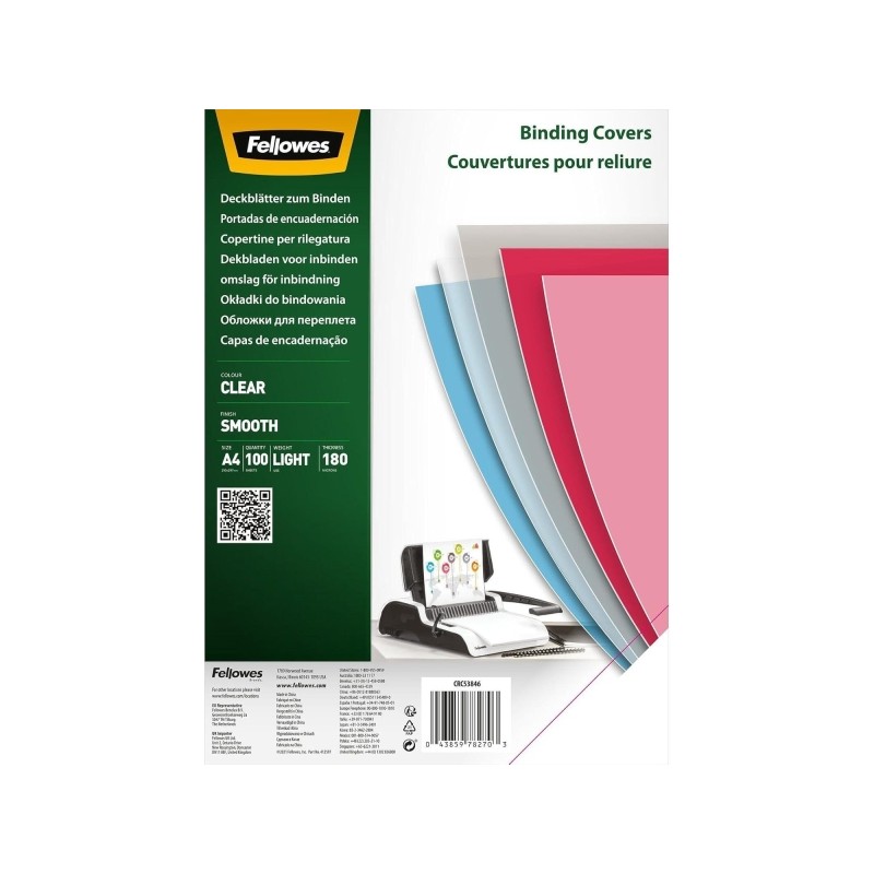 Fellowes Confezione da 100 copertine per rilegatura in polietilene A4 180 Micron - Prodotto riciclabile - Trasparente