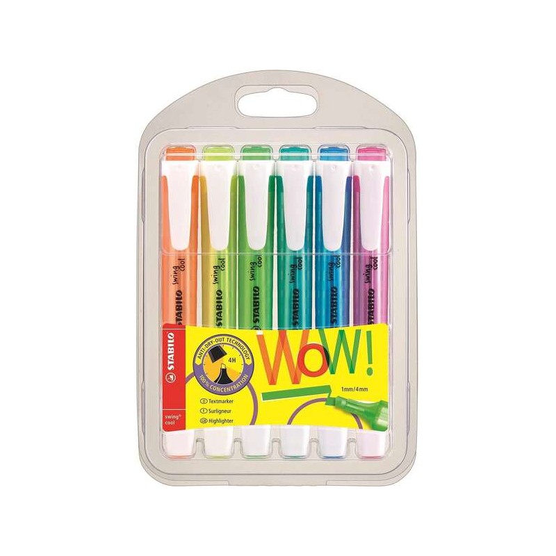 Stabilo Swing Cool Fluorescent Markers 6-Pack - Corpo piatto - Punta smussata - Linea da 1 a 4 mm - Inchiostro a base d'