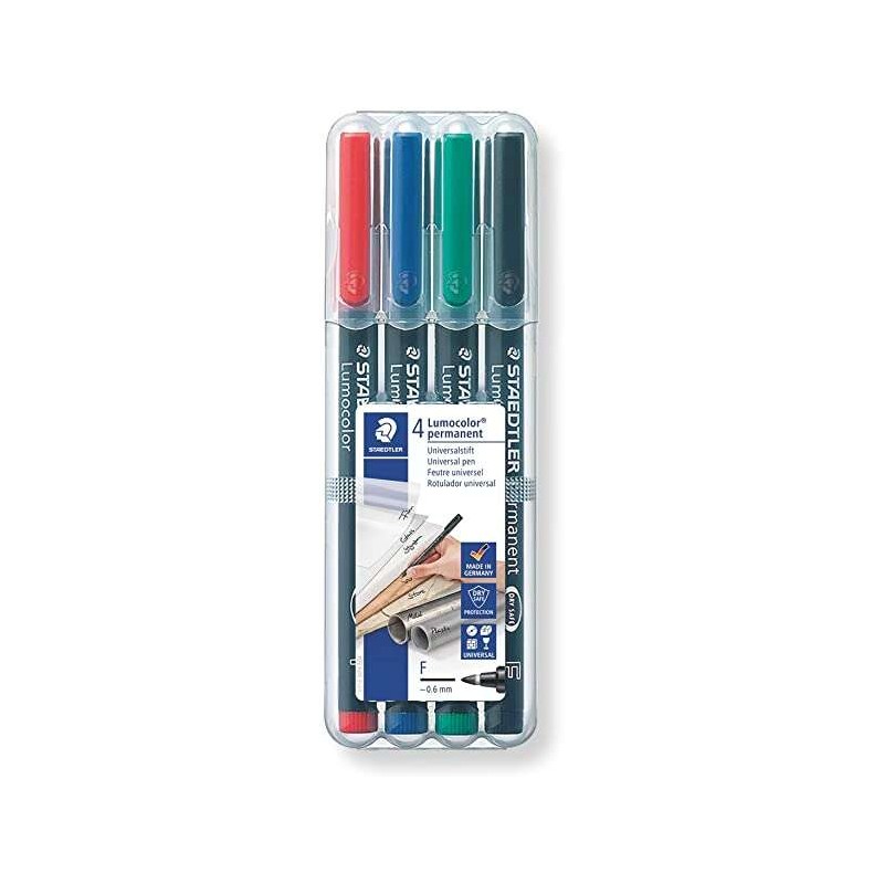 Staedtler Lumocolor 318 Confezione da 4 pennarelli permanenti - Punta fine rotonda - tratto 0.6 mm - Cappuccio con clip 