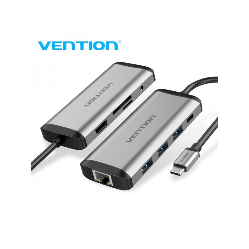 Vention Docking Station 9 in 1 da USB-C a HDMI 4K/3xUSB 3.0/RJ45/Lettore SD/MicroSD/Jack Audio/PD 87W - 0.15 m - Colore 