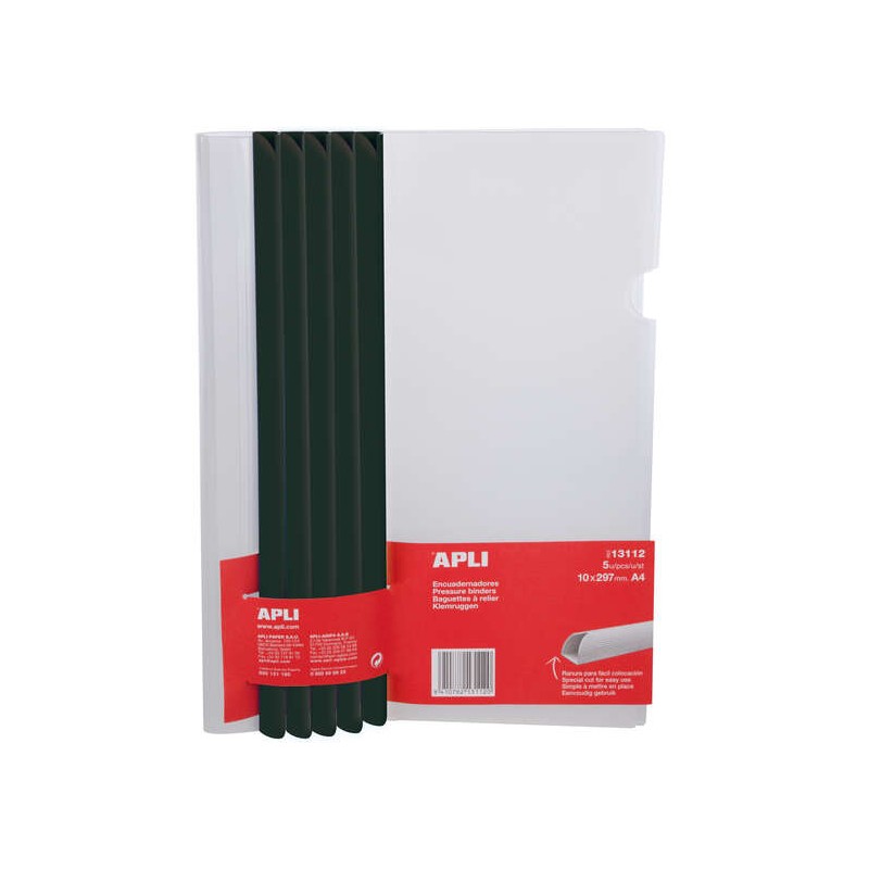 Apli Confezione da 5 raccoglitori scorrevoli 10 x 297 mm con copertina trasparente - Facile inserimento dei fogli - Capa