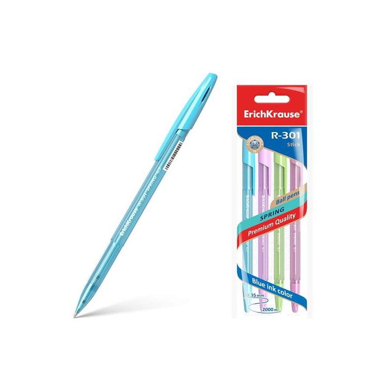 Erichkrause Confezione da 4 penne a sfera R-301 Spring Stick 0.7 - Fusto esagonale traslucido - Inchiostro ad asciugatur
