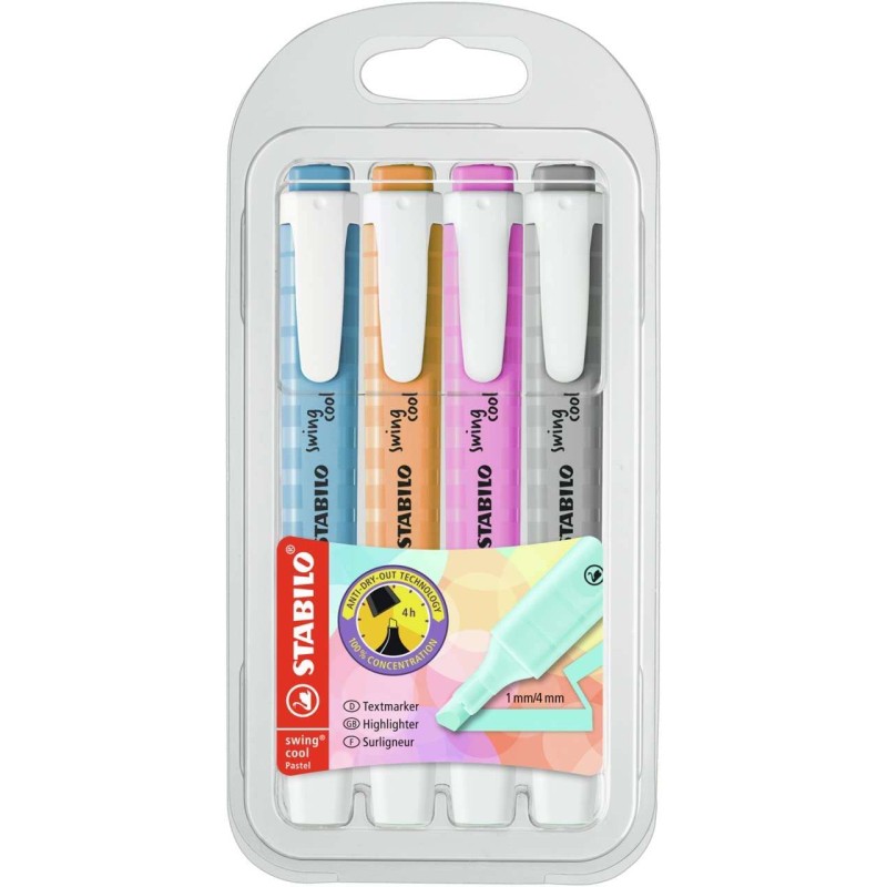 Stabilo Swing Cool Pastel confezione da 4 pennarelli fluorescenti - Corpo piatto - Punta smussata - Linea da 1 a 4 mm - 
