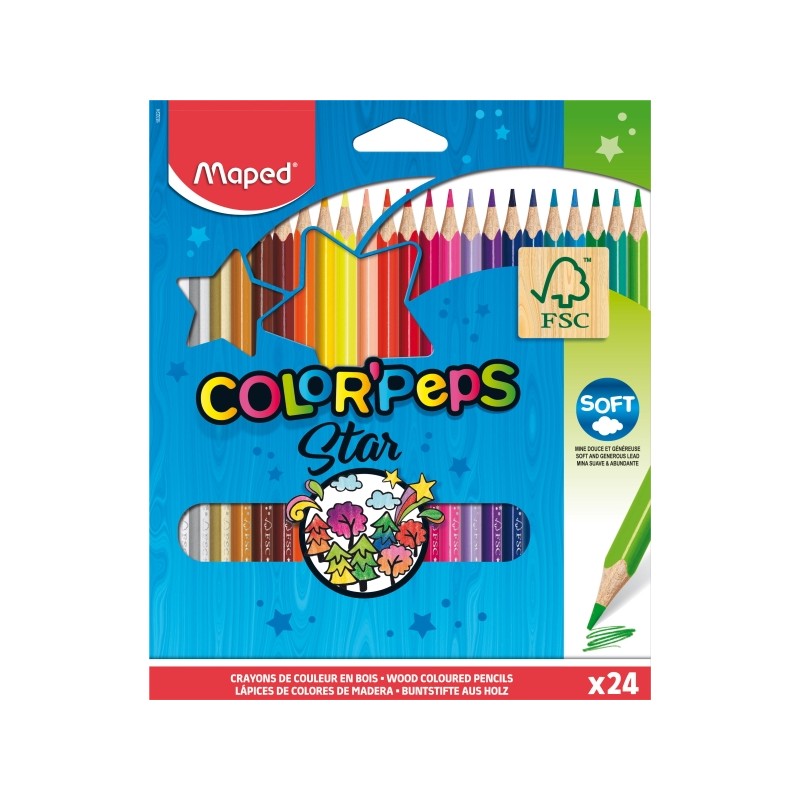 Maped Color'Peps Star confezione da 24 matite colorate triangolari - mina morbida - legno certificato FSC - colori assor