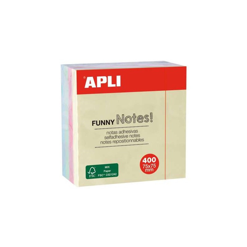 Apli Funny Funny Cubo di 400 foglietti adesivi 75 x 75 mm - Colori pastello assortiti