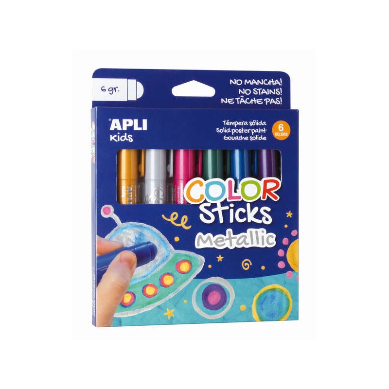 Apli Color Sticks Tempera Solida - Confezione da 6 unità da 6g in colori metallizzati - Finitura satinata senza vernice