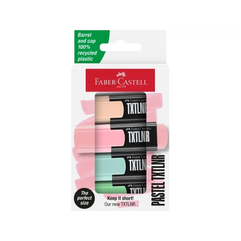 Faber-Castell TXTLNR Confezione da 4 evidenziatori - punta smussata - tratto da 1. 2 e 5 mm - inchiostro a base d'acqua 