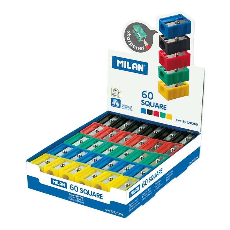 Espositore quadrato Milano da 60 temperamatite - Lama in acciaio - Colori giallo. blu. verde. rosso e nero