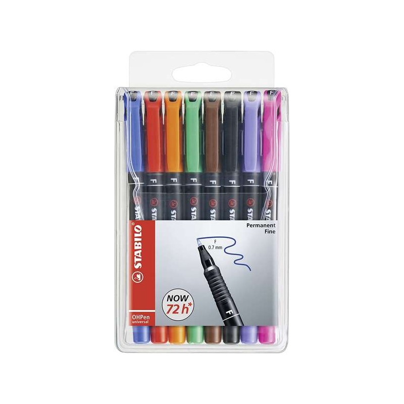 Stabilo OHPen Confezione da 8 pennarelli permanenti - Punta fine - Linea 0.7 mm - Impugnatura antiscivolo - Cappuccio ve