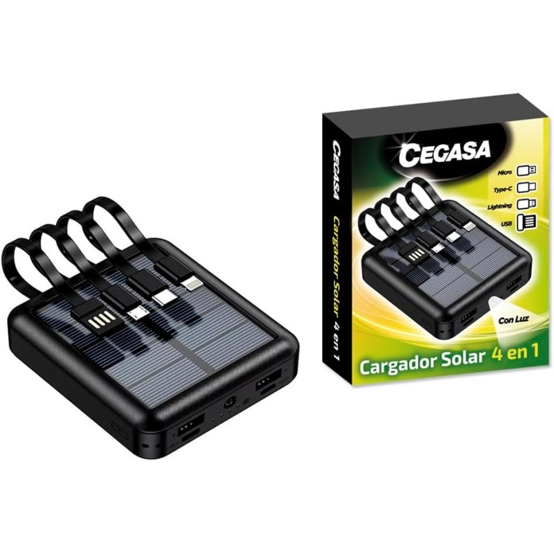 Cegasa Solar Powerbank 4 in 1 5000mAh - Uscite USB-C. illuminazione. USB-A. Micro USB - Con torcia - Colore nero