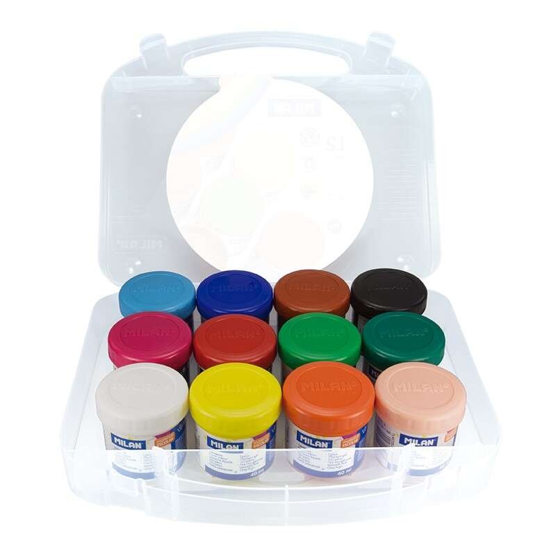 Milano Confezione da 12 vasi di tempera 40ml + 1 pennello Serie 101 - Asciugatura rapida - Miscelabile - Colori assortit