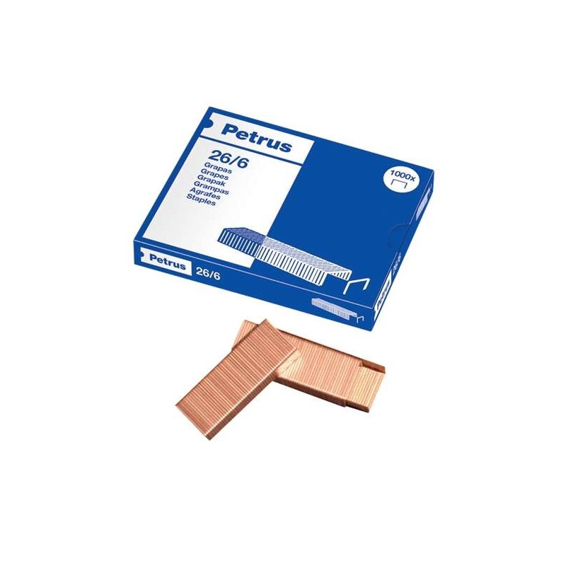 Petrus Scatola di 1000 punti metallici 26/6 ramati - Fino a 30 fogli - Pin da 6 mm