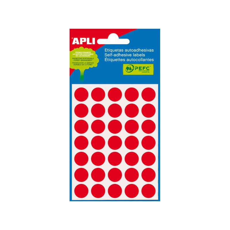 Mini sacchetto Apli da 175 etichette rotonde Ø 13 mm - 5 fogli per 35 etichette - Adesivo permanente - Colore rosso