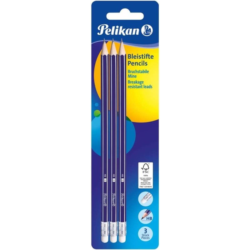 Blister di 3 matite in legno Pelikan HB - Punta in grafite HB - Fusto verniciato - Mina resistente