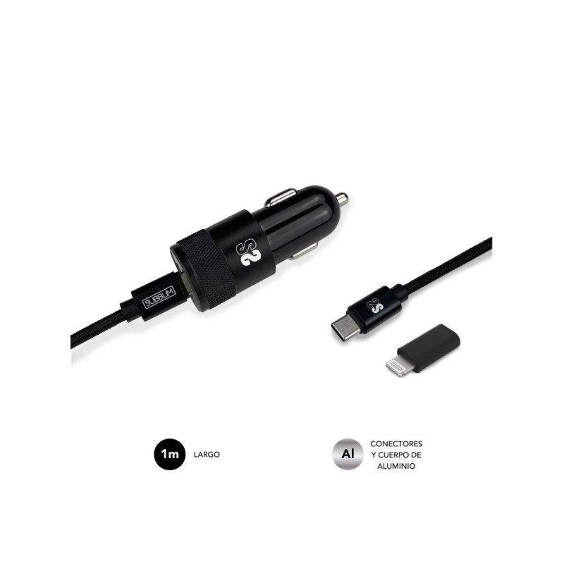 Subblim Caricatore da auto doppio PD20W+QC3.0+cavo da C a Lightning - Ricarica rapida - 2 porte USB C + USB A - Cavo USB