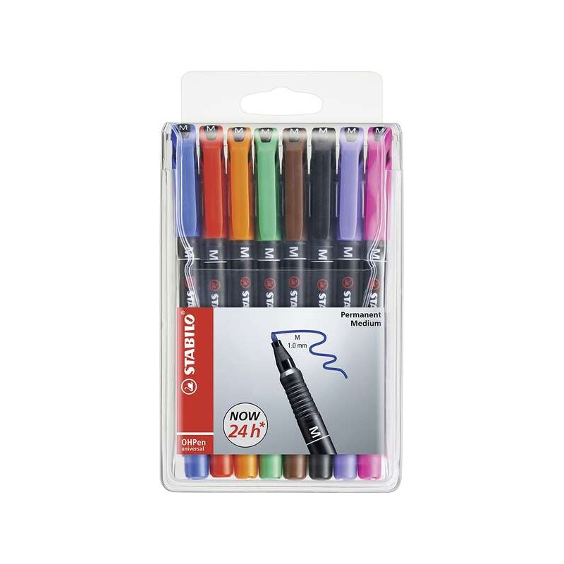 Stabilo OHPen Confezione da 8 pennarelli permanenti - Punta media - Linea da 1 mm - Impugnatura antiscivolo - Cappuccio 
