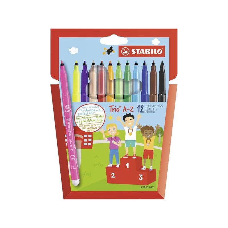 Stabilo Trio AZ Confezione da 12 penne in fibra fine - tratto 0.7 mm - inchiostro super lavabile - forma triangolare - c
