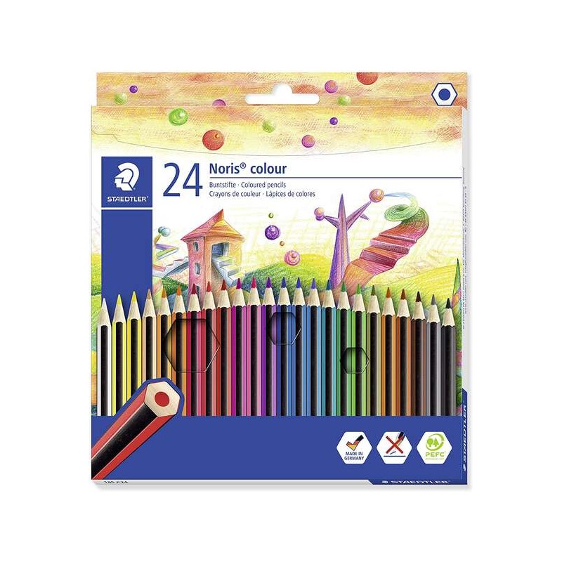Staedtler Noris Colour 185 Confezione da 24 matite colorate esagonali - In Wopex - Altamente resistente - Legno di prove