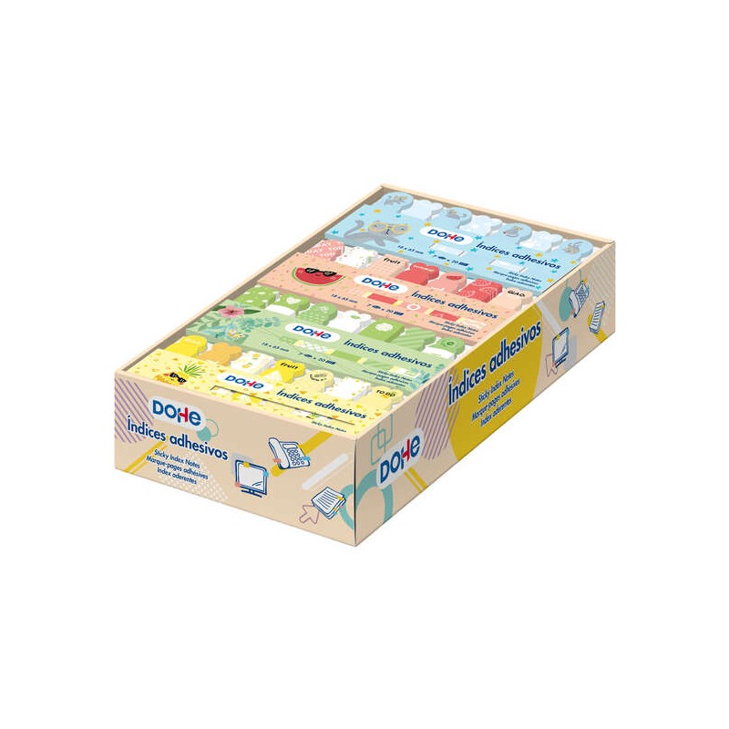 Scatola espositiva Dohe di 36 set di indici adesivi stampati - 18x65 mm - Forme e motivi assortiti