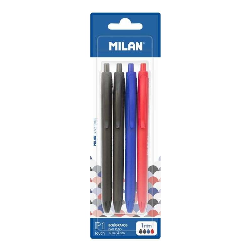 Milan P1 Touch Confezione da 4 penne a sfera retraibili - Rotonde da 1 mm - Inchiostro a base d'olio - Scrittura scorrev