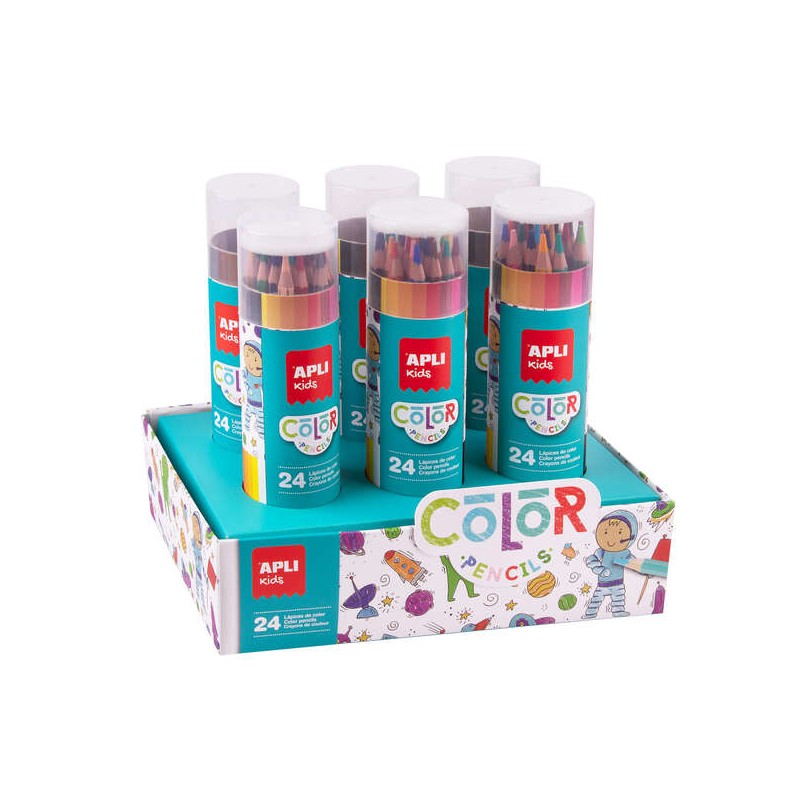 Espositore Apli con 6 confezioni di 24 matite colorate esagonali con mina da 4 mm - Colori assortiti