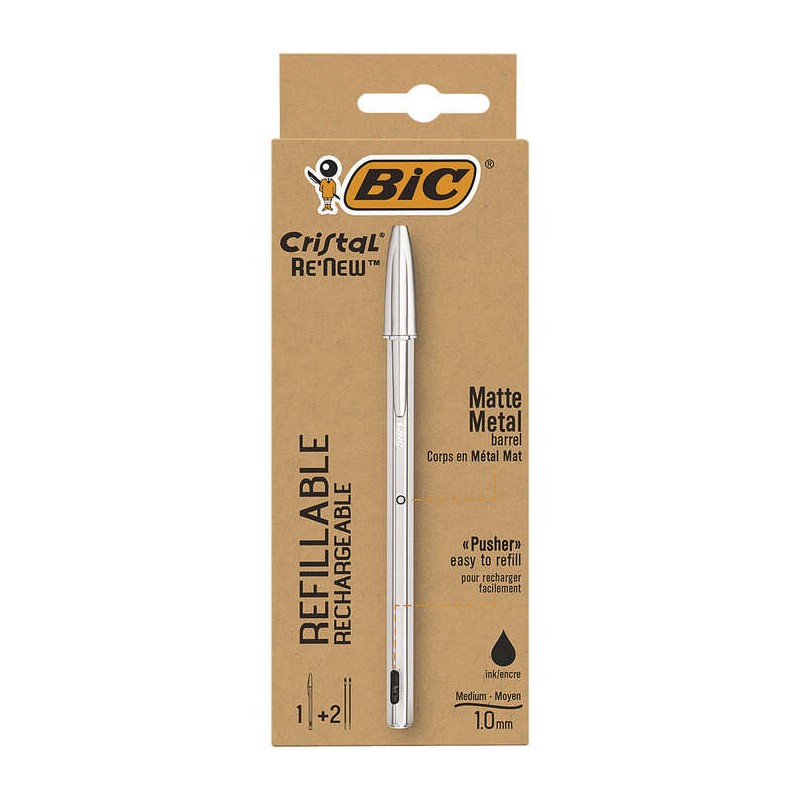 Bic Cristal Re'new Penna a sfera ricaricabile Confezione + 2 ricariche - Punta tonda 1.0 mm - Tratto 0.32 mm - Inchiostr