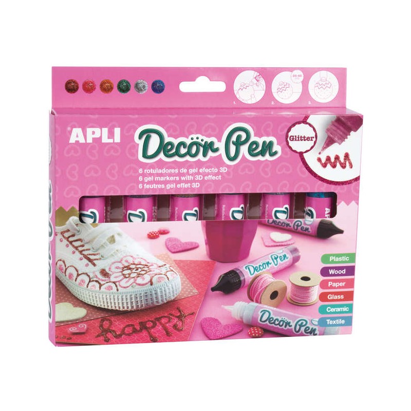 Apli Confezione da 6 Penne Gel Finitura Glitter 3D 25ml - Personalizza regali. oggetti. biglietti. dettagli. foto. carte