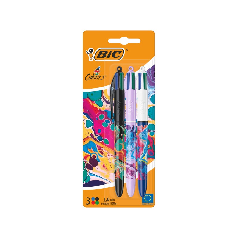 Bic 4 Colours Decors Hydro Confezione da 3 penne a sfera retraibili - Punta media 1.0 mm - Inchiostro a base d'olio - 4 