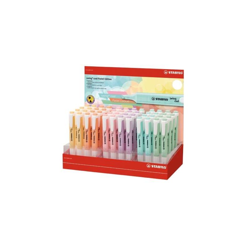 Stabilo Swing Cool Pastel Display di 48 pennarelli fluorescenti - Corpo piatto - Punta smussata - Linea da 1 a 4 mm - In