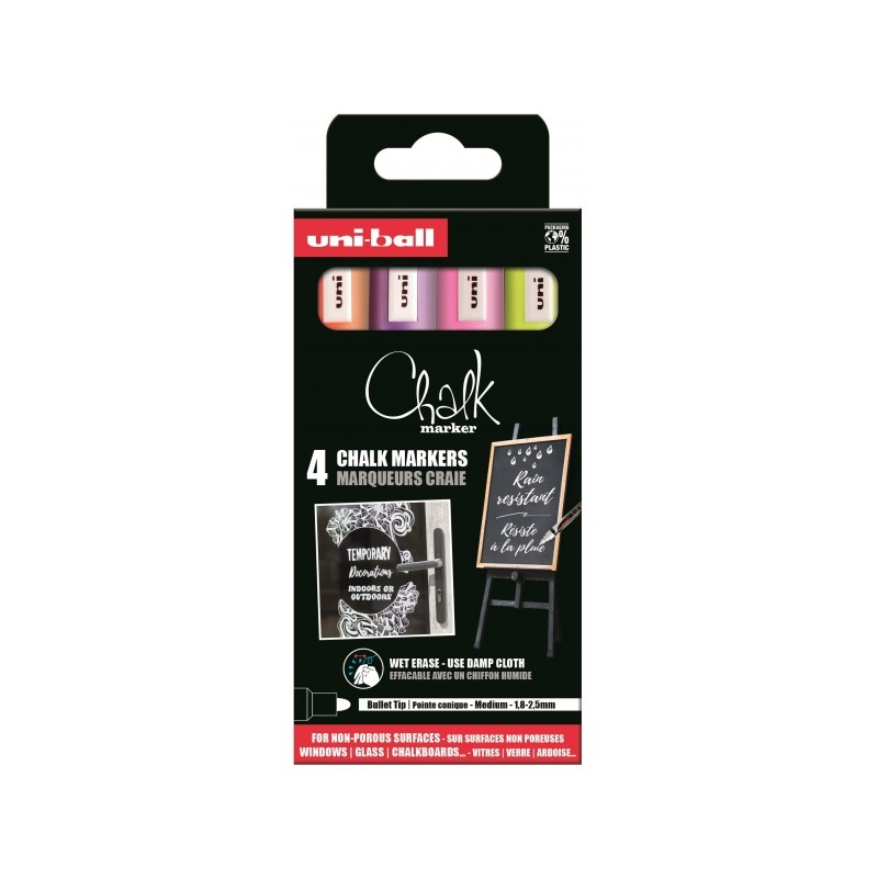 Uni-ball Chalk PWE-5M Confezione da 4 pennarelli a gesso liquido - Punta affusolata 1.8-2.5 mm - Cancellazione a umido -