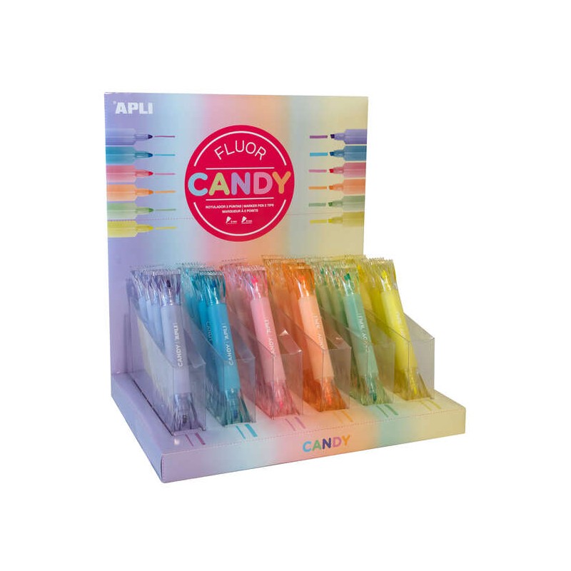 Apli Candy Exositor di 36 pennarelli a doppia punta piatti da 5 mm e rotondi da 2 mm - Ideali per agende. quaderni e cal