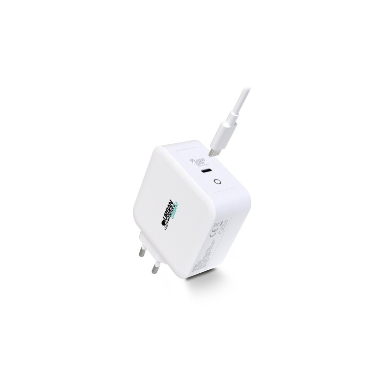 Urban Factory Cyclee 100W Caricatore da parete USB-C GaN - Design ecologico - Cavo USB-C/USB-C da 2 m - Bianco