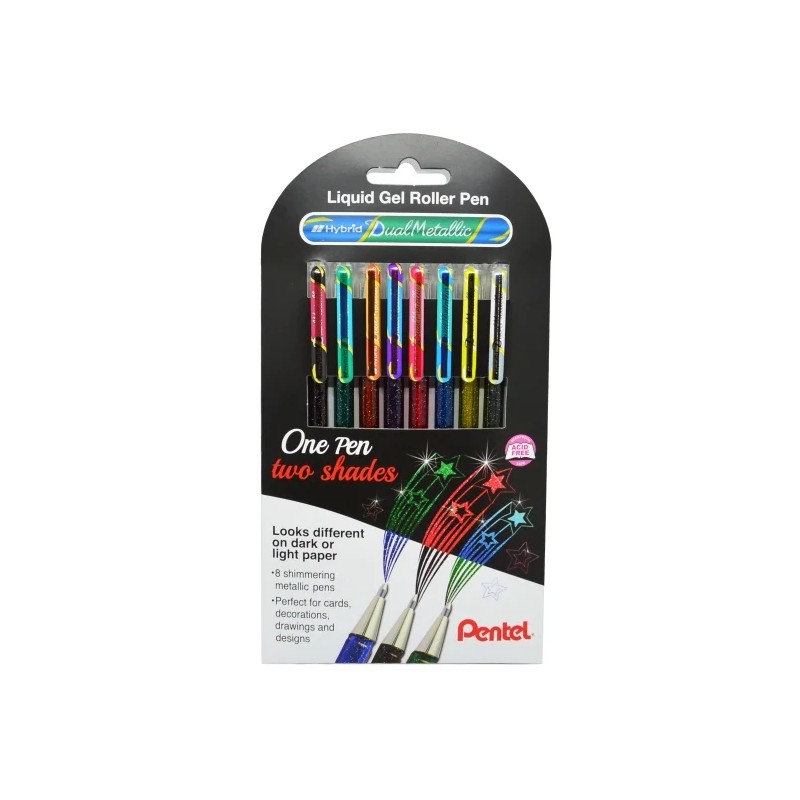 Pentel Hybrid Dual Metallic Confezione da 8 penne a sfera con inchiostro gel lucido - Punta da 1 mm - Tratto da 0.5 mm -