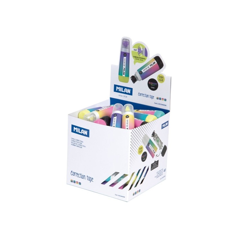 Display cubo Milano Sunset da 40 nastri correttori cilindrici - Misure 5mmx6m - Rotazione del punto a 360º - Colori ass