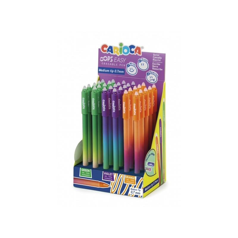 Confezione Carioca Oops Easy Display da 30 penne a sfera cancellabili - Inchiostro termosensibile - Fusto ad effetto deg