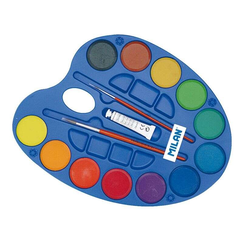 Milano Tavolozza di 12 acquerelli Ø45 mm + tubetto di vernice bianca + 2 pennelli Serie 101 - Miscelabili - Colori asso