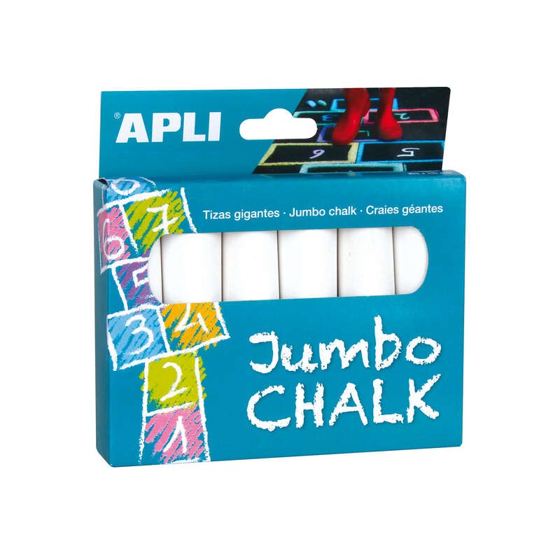 Apli Confezione da 6 gessetti tondi Jumbo - Dimensioni Ø 25 x 105 mm - Solfato di calcio a basso residuo - Adatto per u