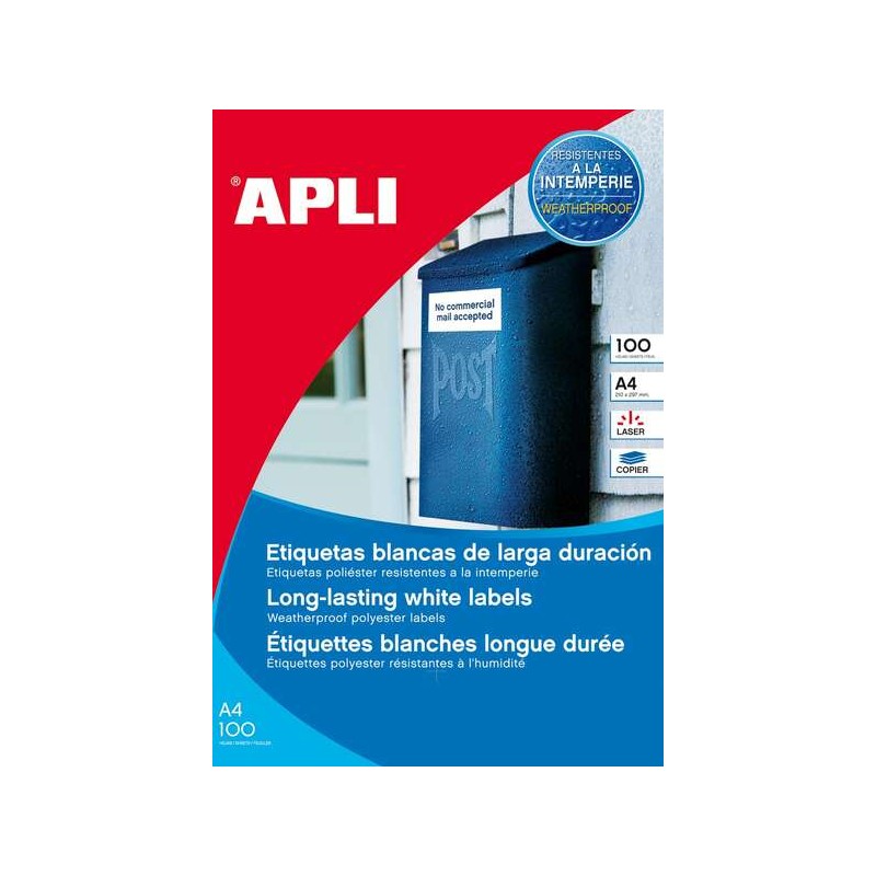 Apli Confezione da 100 etichette resistenti alle intemperie 210 x 297 mm - Poliestere con finitura opaca - Bordi diritti