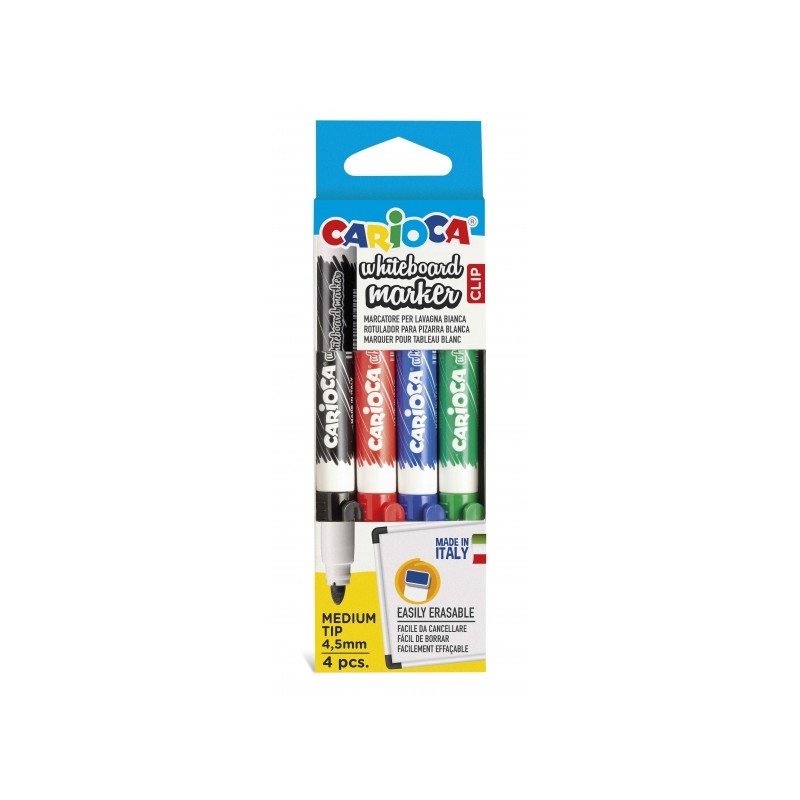 Carioca Whiteboard Clip Confezione da 4 pennarelli per lavagna bianca cancellabili - Punta media - Ø 4.5 mm - Cappuccio