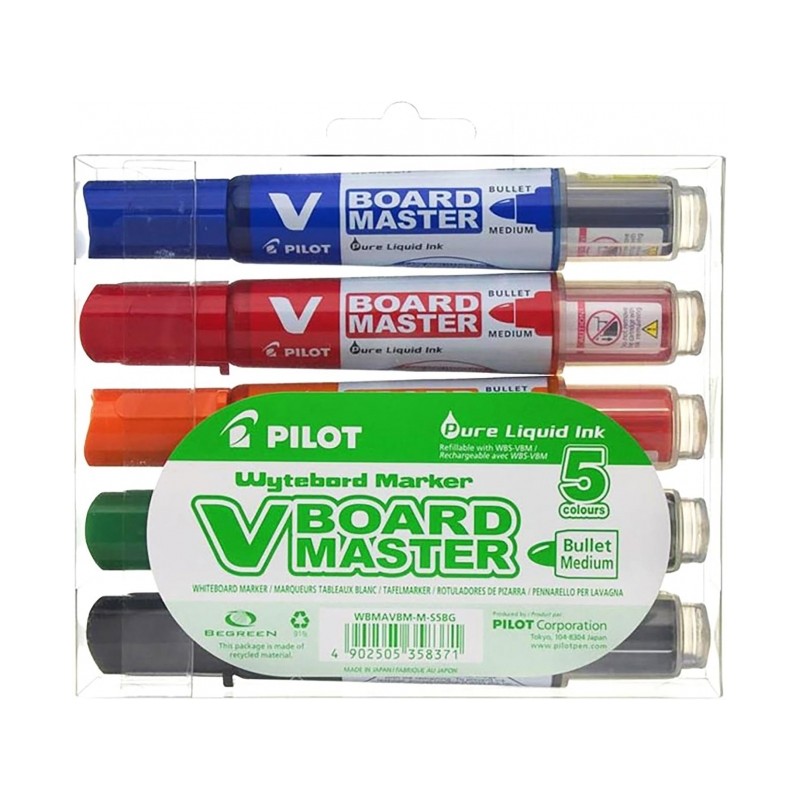 Pilot V-Board Master Begreen Confezione da 5 pennarelli per lavagna bianca - Punta tonda da 6 mm - Linea da 2.3 mm - Pla