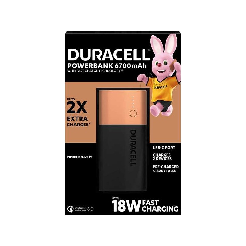 Batteria esterna Duracell / Power Bank 6700mAh PD 18W e QC 3.0 - 1x USB-A. 1x USB-C - Indicatori LED - 2 dispositivi con
