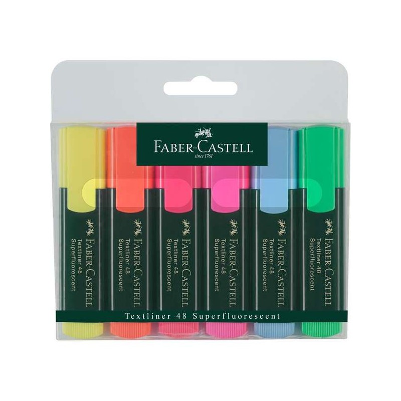 Faber-Castell Textliner 48 Confezione da 6 pennarelli fluorescenti - Punta smussata - Da 1.2 mm a 5 mm - Inchiostro a ba