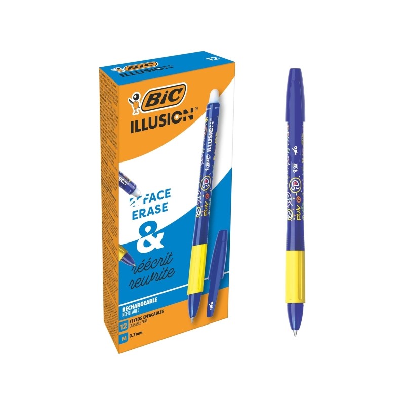 Penna a sfera cancellabile Bic Illusions - Pennino medio da 0.7 mm - Impugnatura in gomma - Ricaricabile - Colore blu