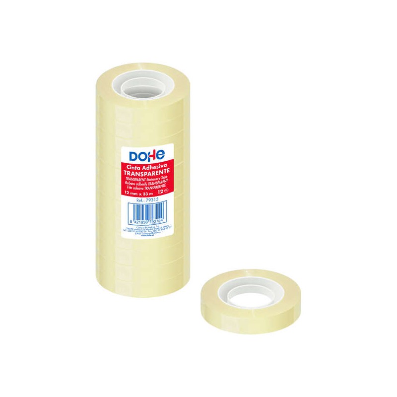 Dohe Confezione da 12 nastri adesivi in polipropilene 12mmx33m - Adesivo forte e ad alta resistenza - Trasparente