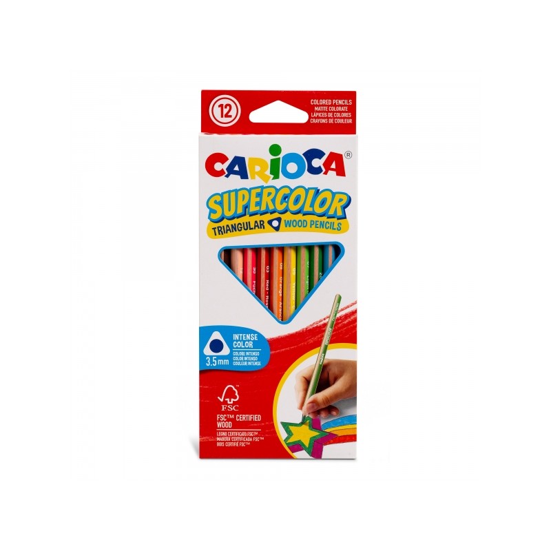 Carioca Supercolor Confezione da 12 matite colorate - Corpo triangolare in legno - Colori intensi e alta opacità - Mina
