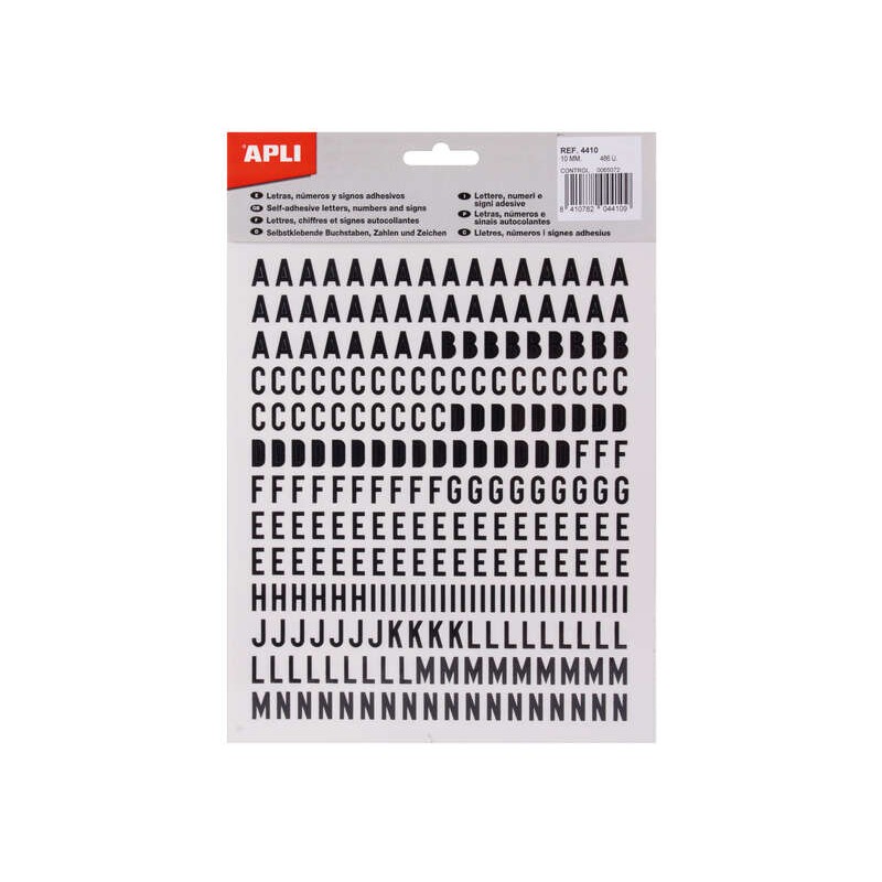 Apli Lettere adesive piccole - Altezza 10 mm - Colore nero - Confezione da 2 fogli con 486 lettere